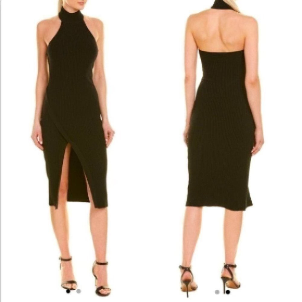 Ronny Kobo Mardelle Asymmetrical High Leg Slit Halter Black Ribbed Midi dress